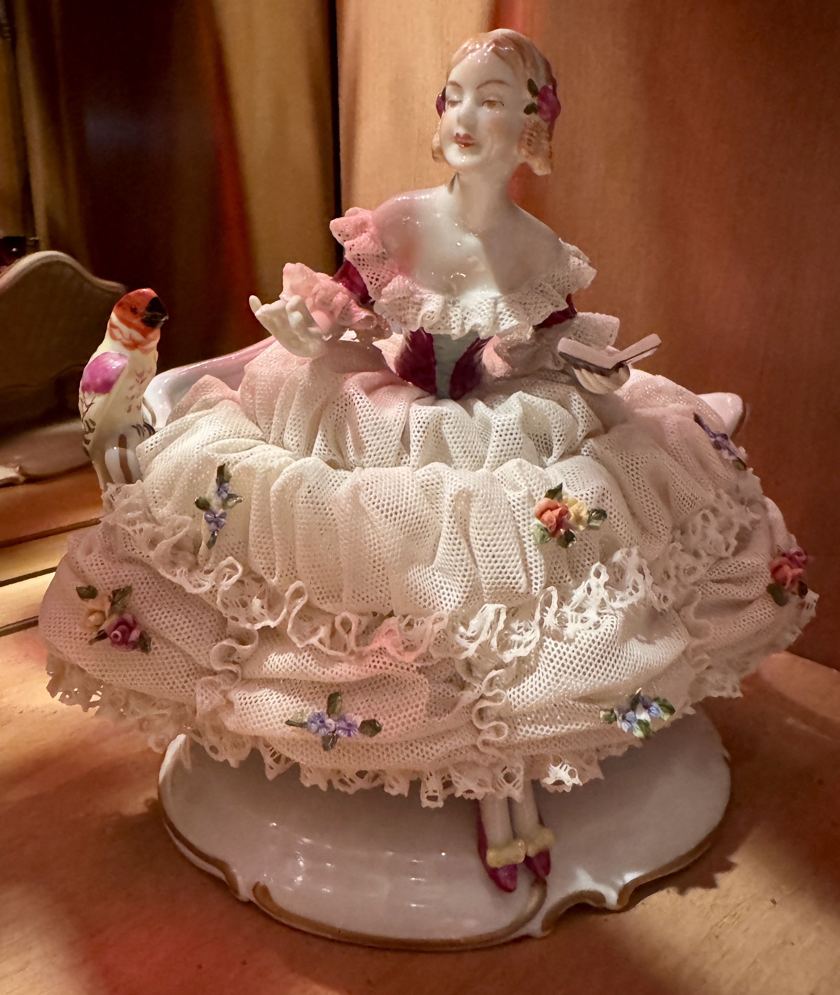 Photo of Vintage Victorian German Unterweissbach Porcelain Figural lady in ball gown with lace skirt  Circa 1911-1958